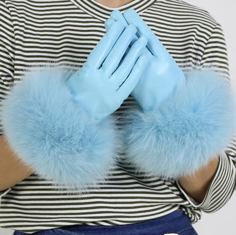 light blue Женские перчатки из натуральной кожи, зимние теплые перчатки из натуральной овчины и лисьего меха, модный стиль, натуральный Пушистый Лисий Мех* harppihop - Цвет: light blue
