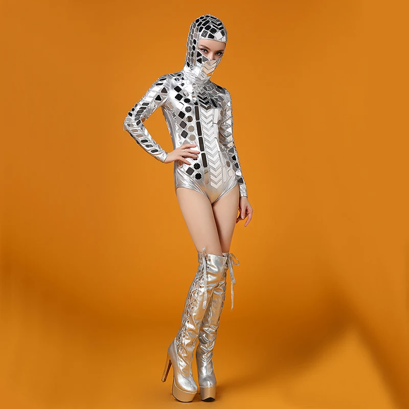 

Silver Head Piece Mirrors Bodysuit Costume Stage Dance Wear Outfit Party Women Singer Dancer DJ Bar Performance Sexy Leotard