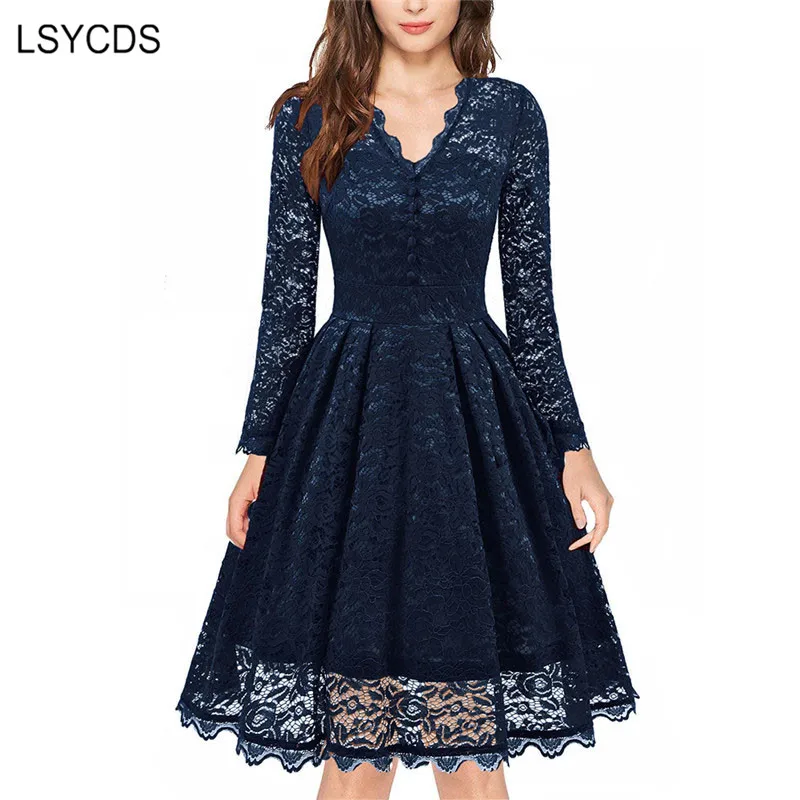 LSYCDS Lace Vintage Dress Women Long Sleeve V Neck Elegant Ladies Rockabilly Vestidos Winter Casual Office Party for Woman | Женская