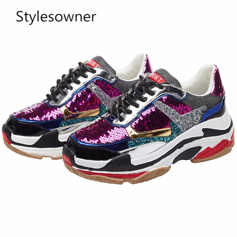Женская обувь с блестящими блестками Stylesowner на платформе модные кроссовки
