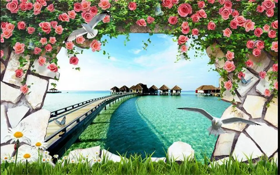 3d обои фотообои на заказ Настенные для гостиной морской мост розы живопись