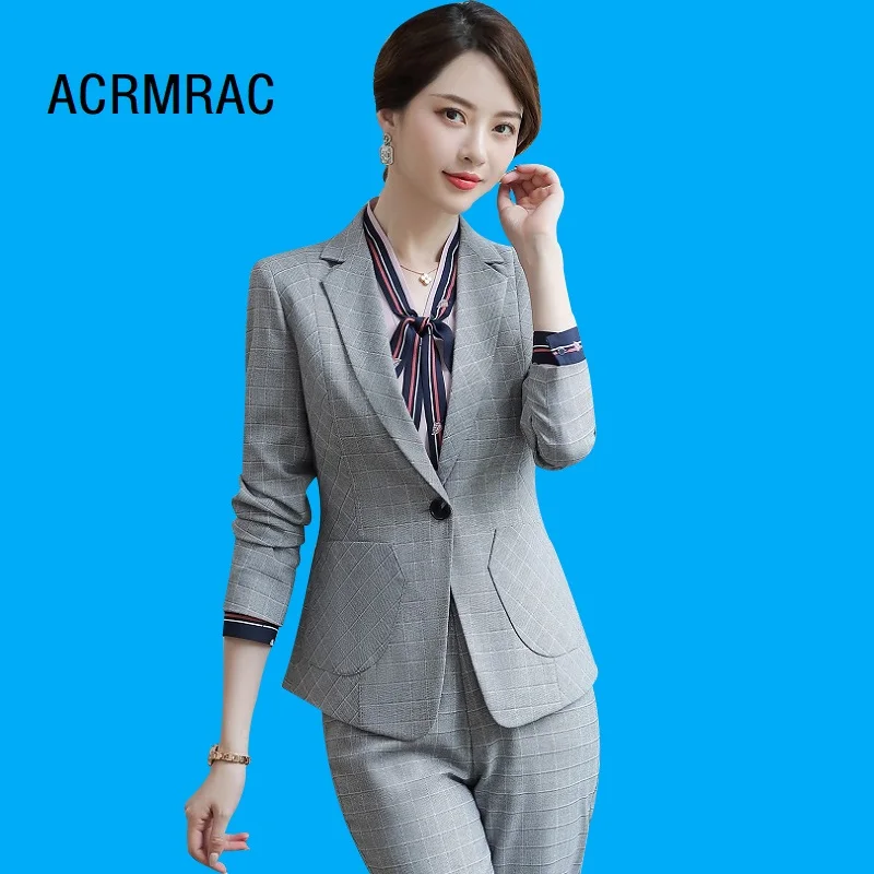 Женский костюм тонкий осенний клетчатый пиджак брюки комплект из 2 предметов