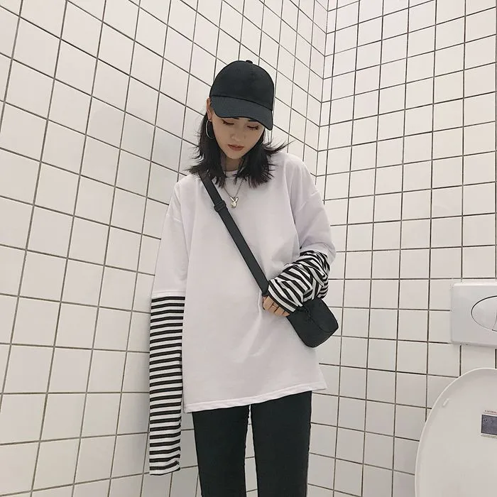 Polera Mujer, женская модная футболка, корейский стиль, Ulzzang, Harajuku, имитация двух частей, полосатая футболка, Женский Топ с длинным рукавом