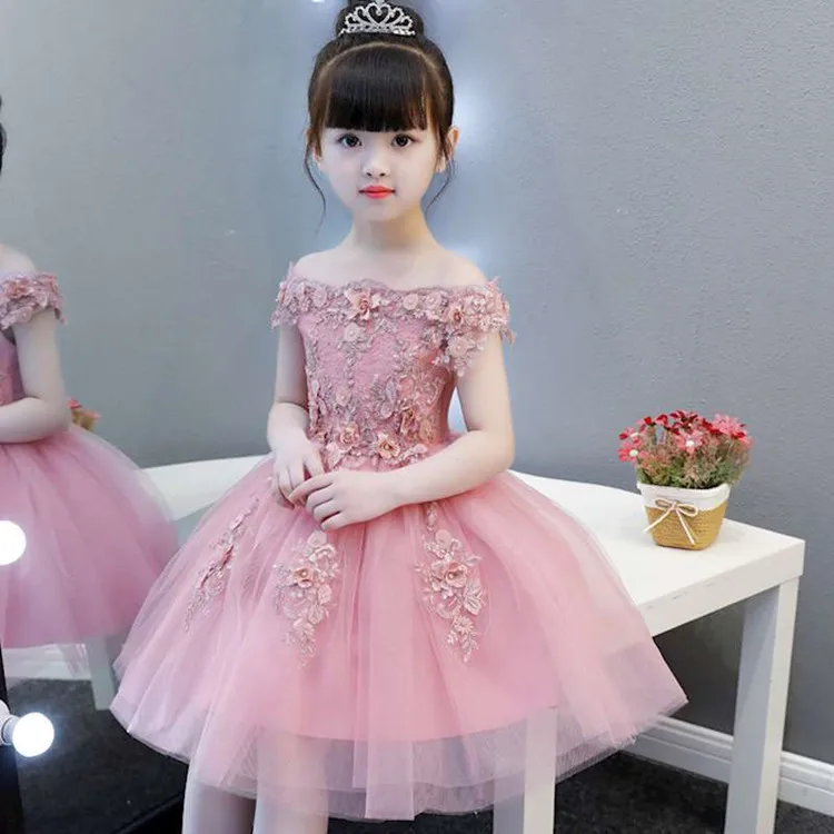 

Elegant Flower Girls Dress Kids Flat Shoulder Flower Applique Tulle Dress Thanksgiving Baby Girl Christmas Dress
