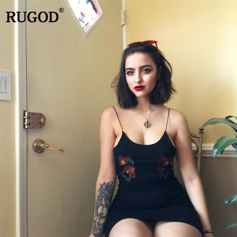 RUGOD новейшее винтажное платье с вышитым драконом, женское сексуальное повседневное свободное мини-платье на бретельках для мужчин vestidos verano
