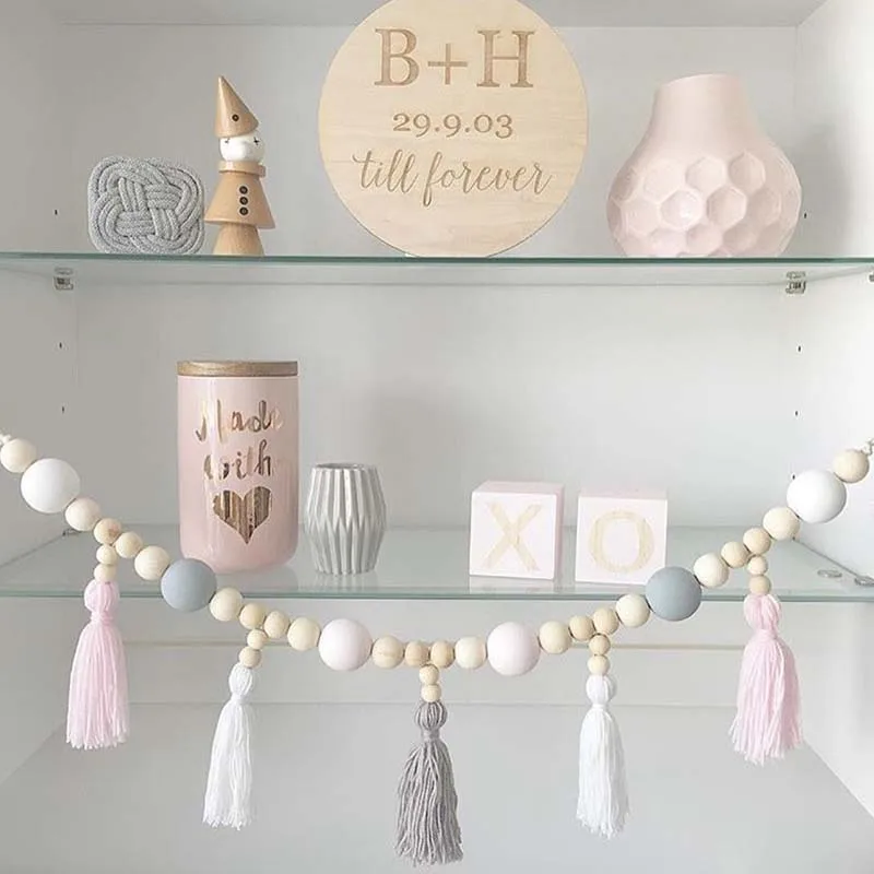 

Nordic Kid Baby Room Yarn and Bead Garland Hanging with Tassel Nursery Pearl Decor Props For Kids Room Gift Giving Tent Ornament