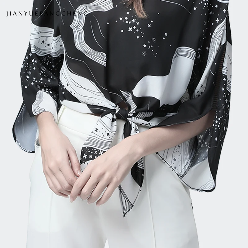 

Korean Style Black-White Printed Women Blouse 7/10 Sleeve Tie Bow elegant blouses for women 2019 Summer Loose Plus Size Tops