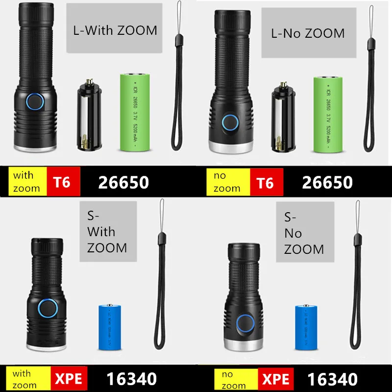 Ультра яркий тактический фонарик USB Перезаряжаемый 26650/16340 аккумулятор XML T6