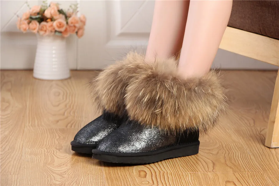 MBR FORCE Top Fashion Women Natural Fox Fur Snow Boots Genuine Cow Leather Winter Boots Female Winter Shoes Women Boots