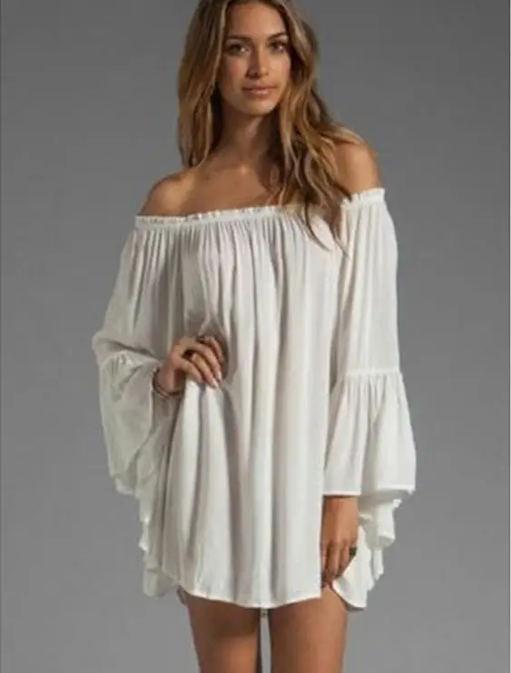 Костюм Ренессанса сексуальный с открытыми плечами Boho Твердые Flare рукавом сорочка