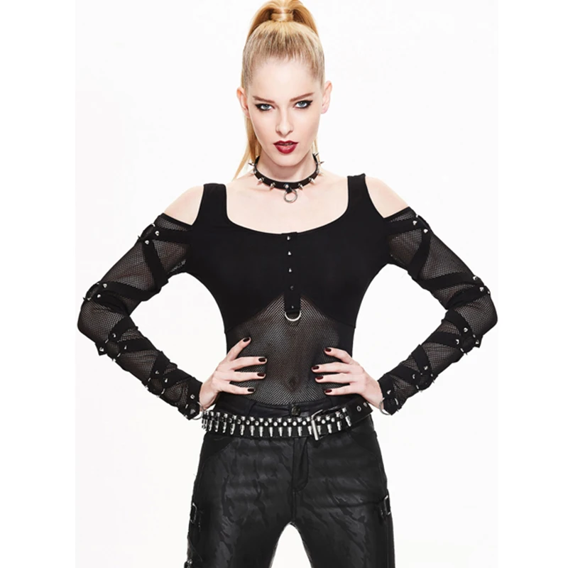 Gothic Punk Women T Shirt Fashion Mesh Stitching Sexy Transparent Long Sleeve Top Female Slim Fit Sexy Top Tees