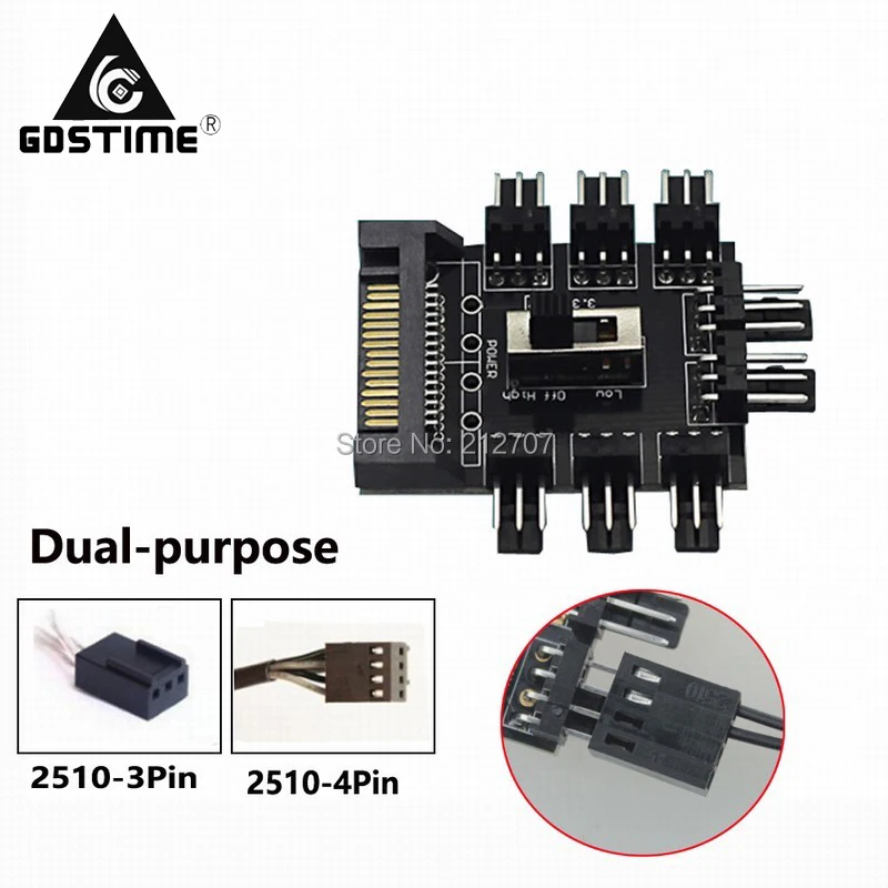 10pcs Gdstime Multi Way Splitter Cooler Cooling Fan Hub PC Computer SATA 1 to 8 3Pin 12V Black | Компьютеры и офис