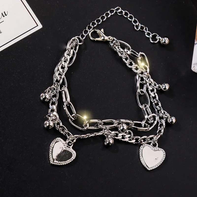 

Fashion metal double chain personality bracelet female simple versatile heart-shaped jewelry hot sale