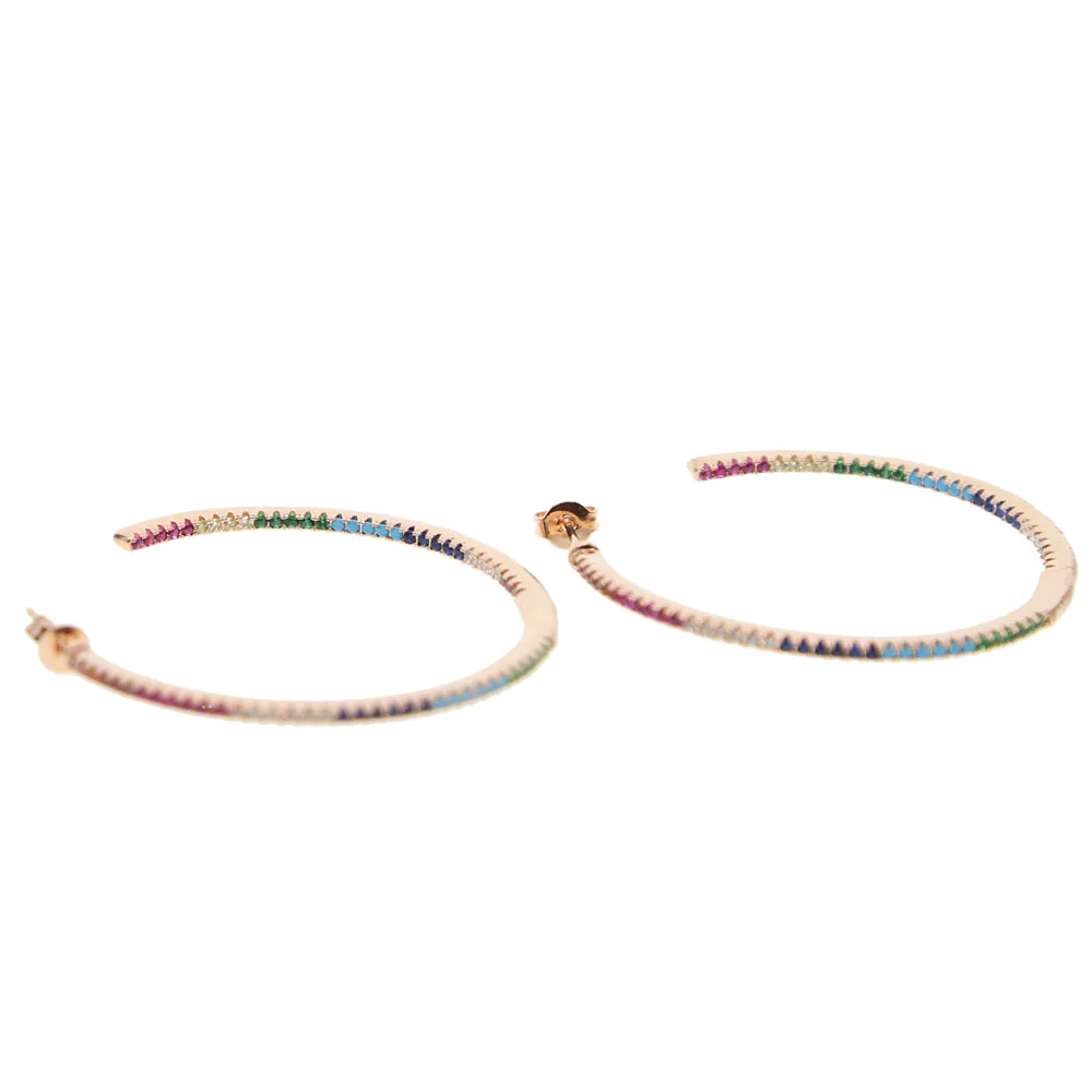 Женские серьги кольца с цирконием радуги большие розового золота