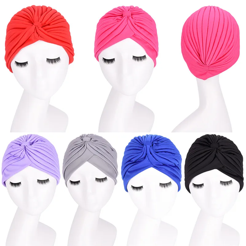 

New Fashion Hot selling Women soild Color Black White Red rose Indian Turban Hats Caps For Ladies