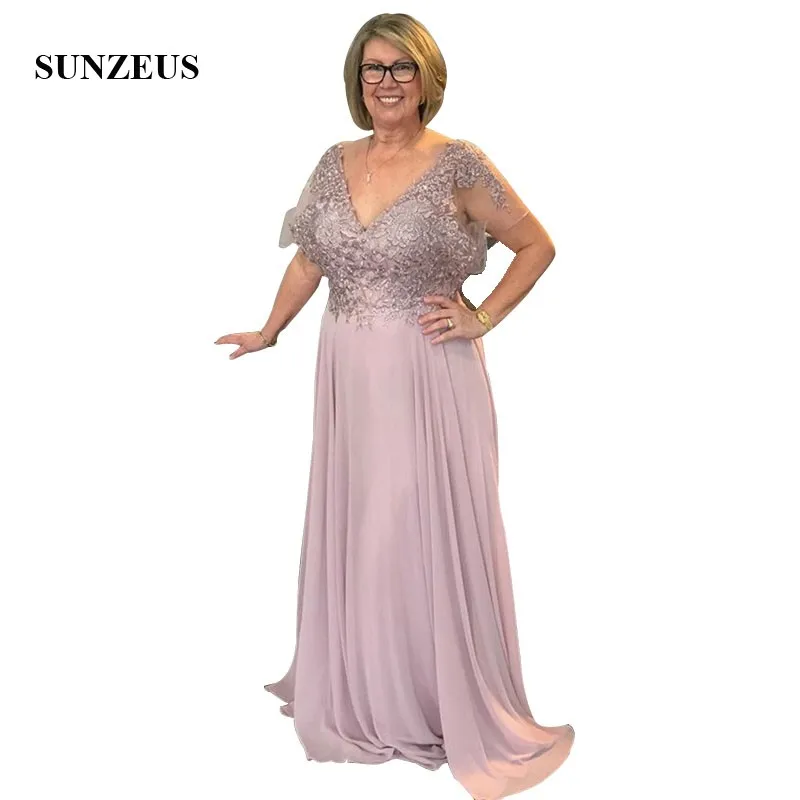 

Appliques V-neck Short Sleeves Long Mother Of The Bride Formal Dress Elegant Lady Chiffon Party Gowns Wedding Guest Gown