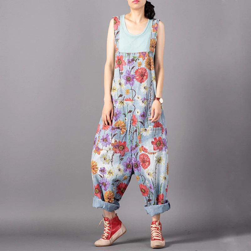Printed Jumpsuits Female Vintage Floral Overalls Drop-Crotch Pants Loose Denim Jumpsuits