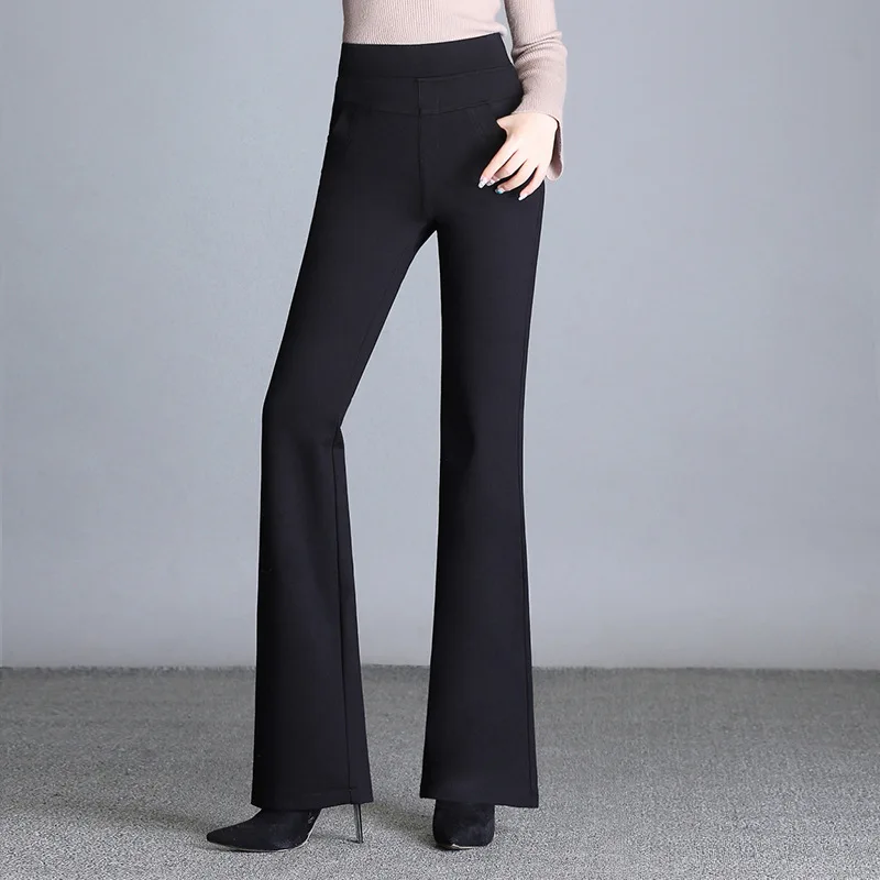 Black New Women's Autumn Spring Tight Flare Pants Red High Waist Plus Size Blue Elastic Band Trousers Fashion Casual Stretch Pants 6XL - Color: Black
