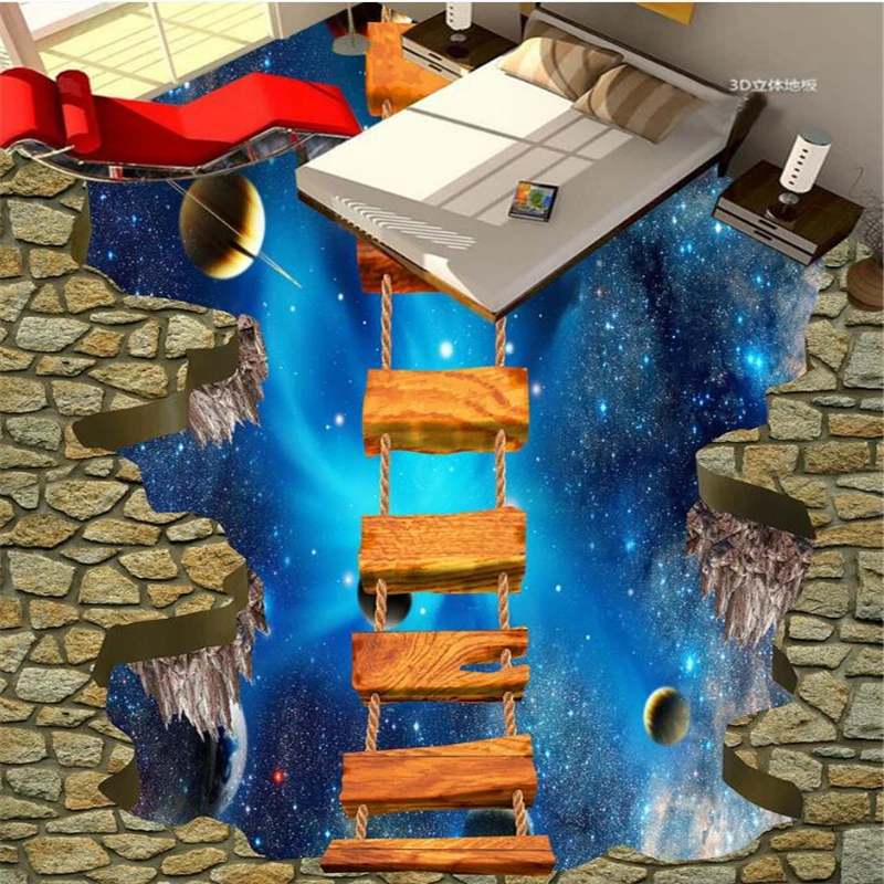 

Beibehang 3d flooring custom waterproof wallpaper cosmic sky suspended wooden bridge 3d bathroom floor picture 3d wallpaper