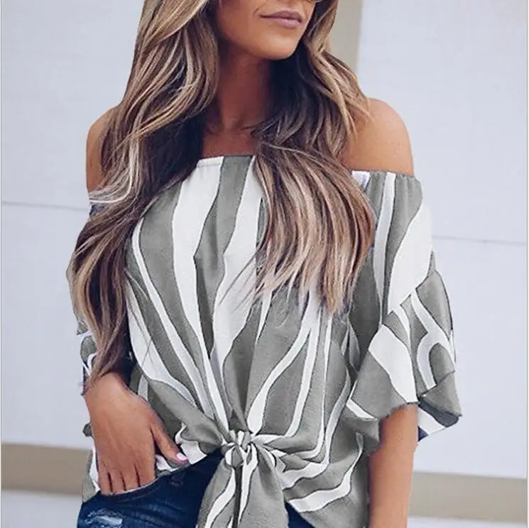 2019 New Arrive Off Shouder Slash Neck Stripe Print Blouse Fashion Tops Women's Autumn Ladies Casual Loose Shirt | Женская одежда