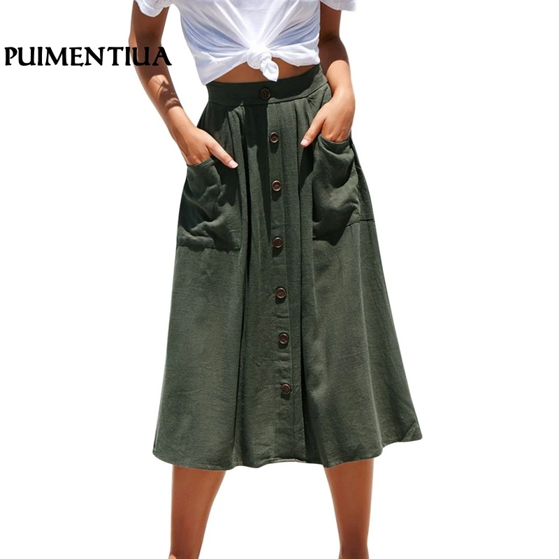 Puimentiua 2019 Summer Fashion Women Solid-Colored Mid Long Single-Breasted Skirt High Waist Buttons Pocket Elegant Midi skirt | Женская