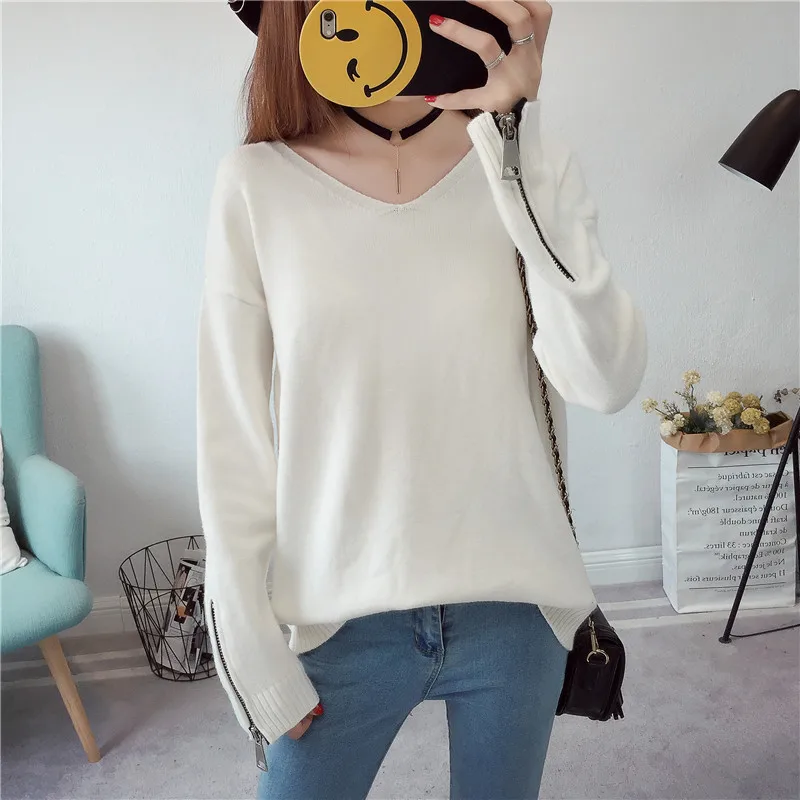 Однотонный тонкий вязаный женский свитер и пуловер с v-образным вырезом