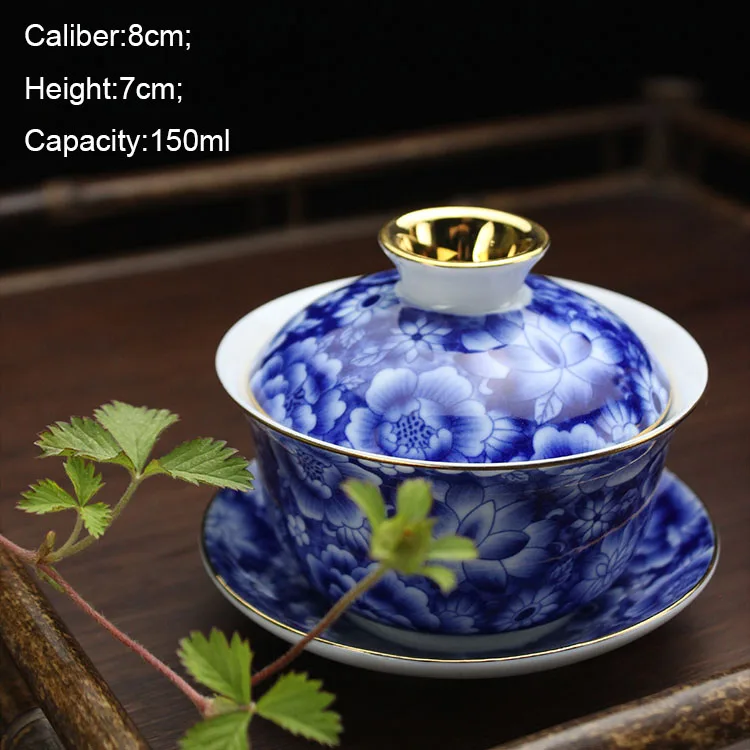 Китайский традиционный синий и белый позолоченный керамический фарфор Gaiwan