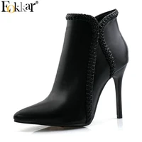 eokkar 2020 women ankle boots super thin high heel pointed toe winter boots pu leather women shoes ladies boot plush size 34 43