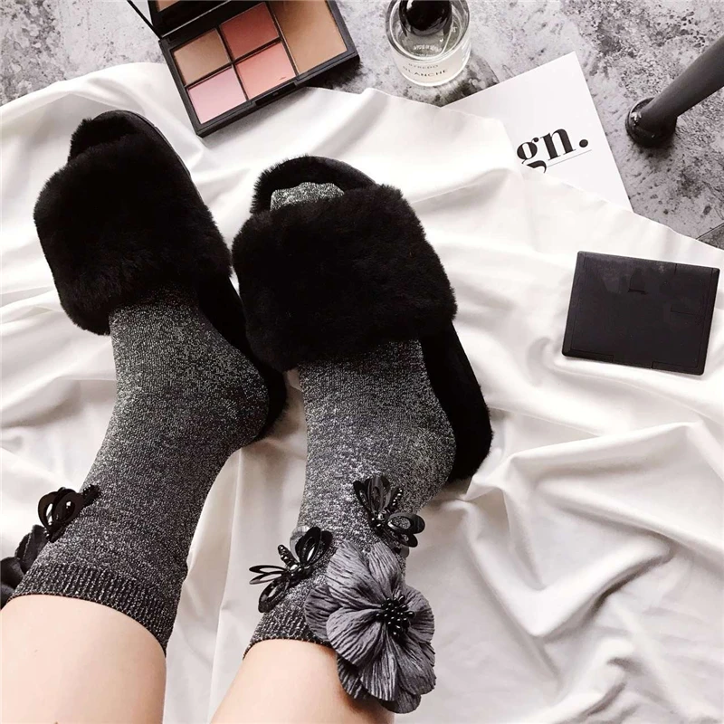 Новые модные женские туфли блёстки стрекозы Цветок Блеск зимние осенние носки