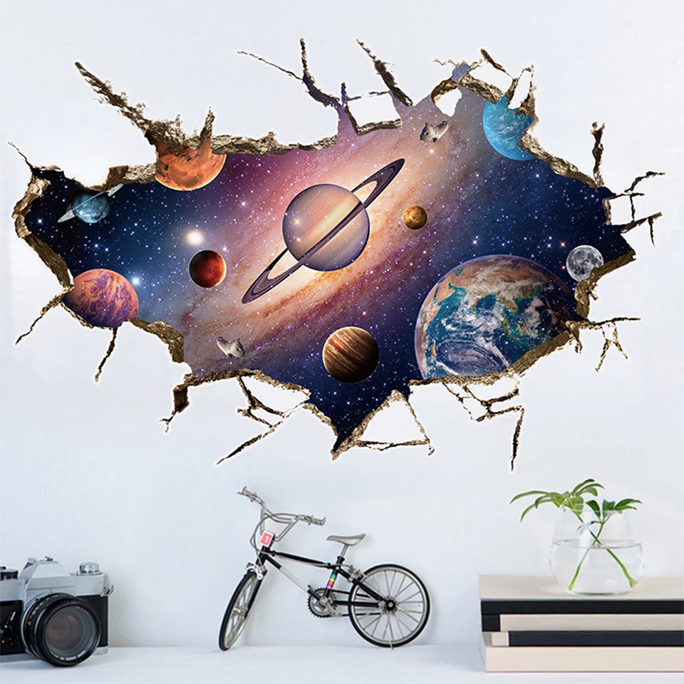3D Wall Sticker for Kids Rooms Living Room Bedroom Decor Universe Galaxy Broken Paper Art Home | Дом и сад