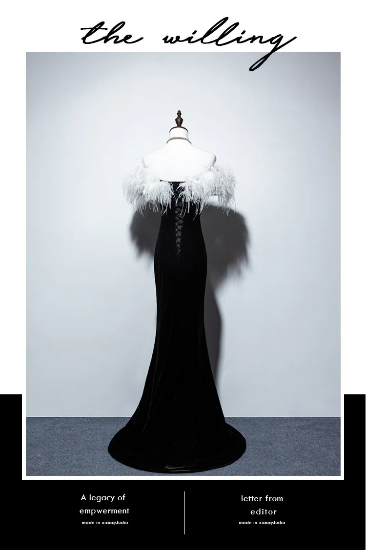 New Ostrich feather Black Velvet Off The Shoulder Mermaid Long Vestidos De Festa Lace Up Celebrity Evening Party Dresses