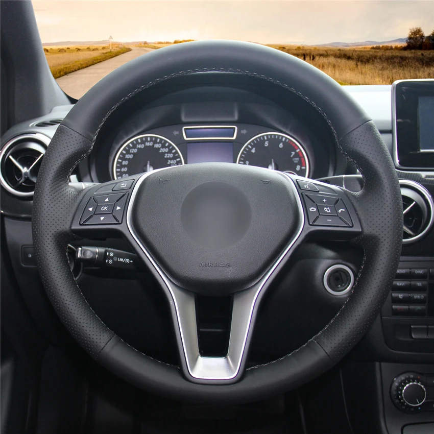 MEWANT Black Genuine Leather Car Steering Wheel Cover for Mercedes Benz A-Class 2013-2015 B-Class 2011-2014 CLA-Class 2013 2014 |