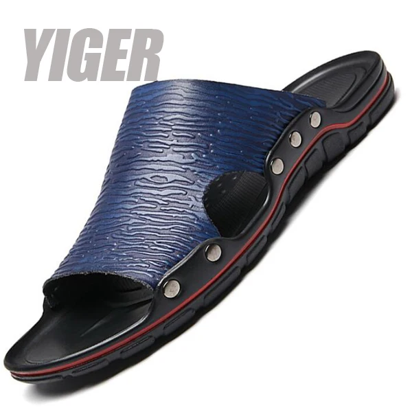 blue slides YIGER/Новые мужские пляжные Тапочки большого размера мужские сандалии для мужчин повседневные шлепанцы классные летние Нескользящие мягкие модные тренды 0316 - Цвет: blue slides