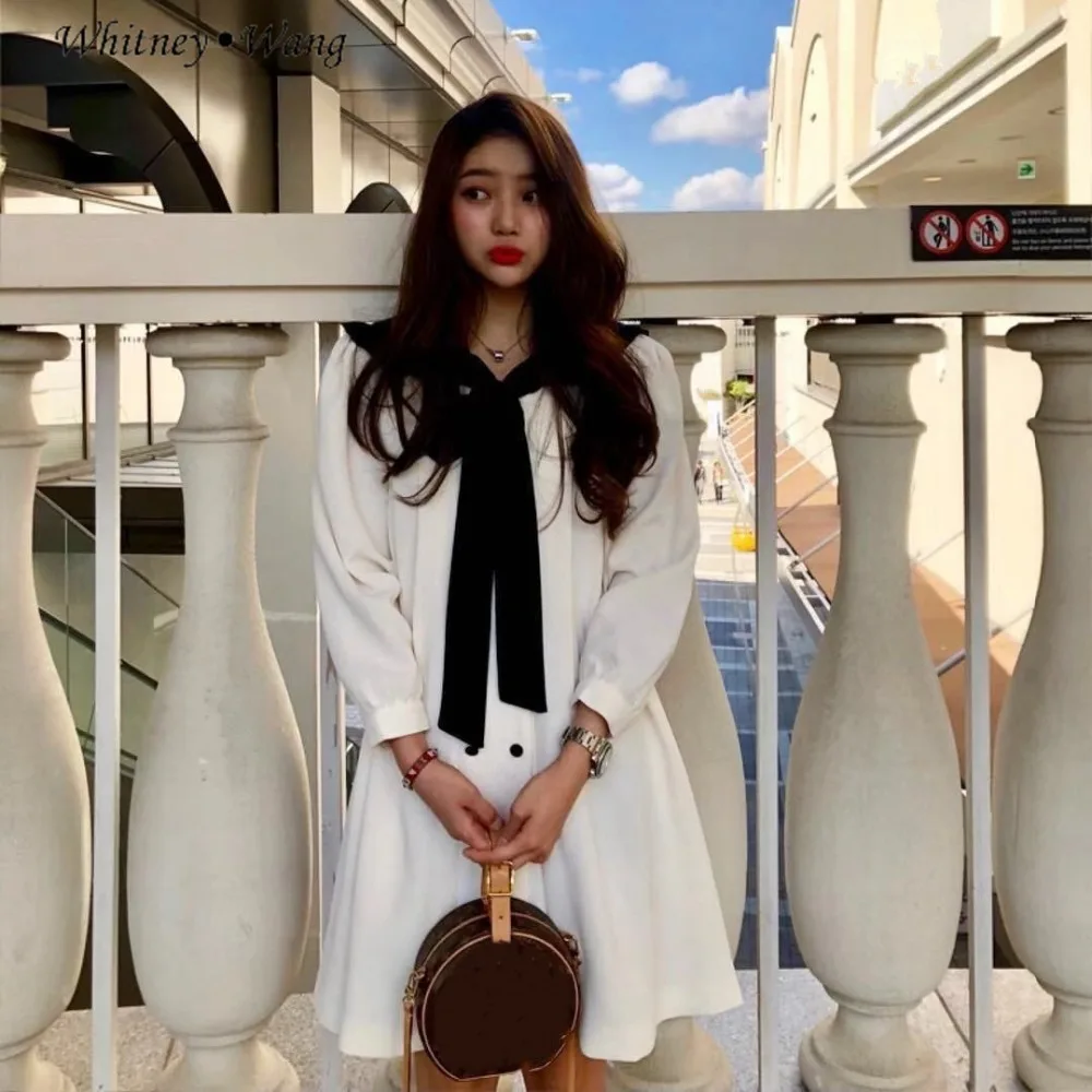 WHITNEY WANG 2019 весеннее модное уличное милое двубортное мини-платье с бантом женское