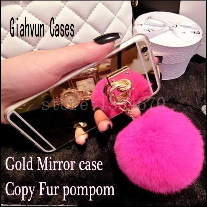 Зеркальный чехол мягкий пушистый теплый помпон с искусственным кроличьим мехом