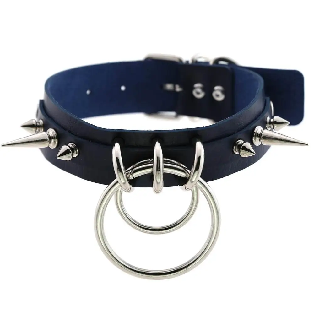 dark blue Черный Спайк ремень Воротник для женщин o-круглый pu кожа готический колье для женщин вечерние Клубные чокер в готическом стиле ювелирные изделия Harajuku - Окраска металла: dark blue