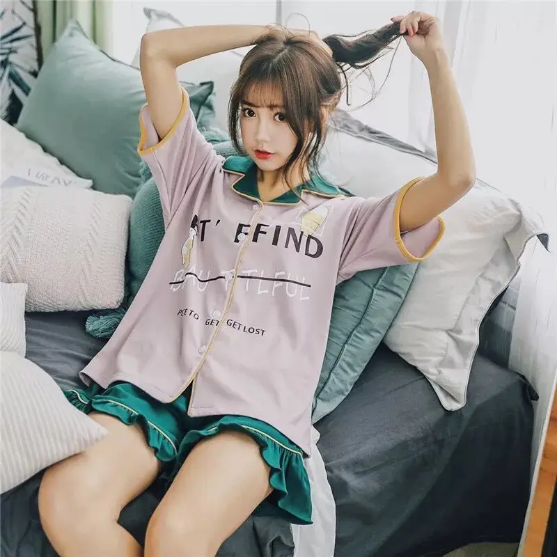 Женский пижамный комплект милый из 2 предметов: топ с коротким рукавом и шорты