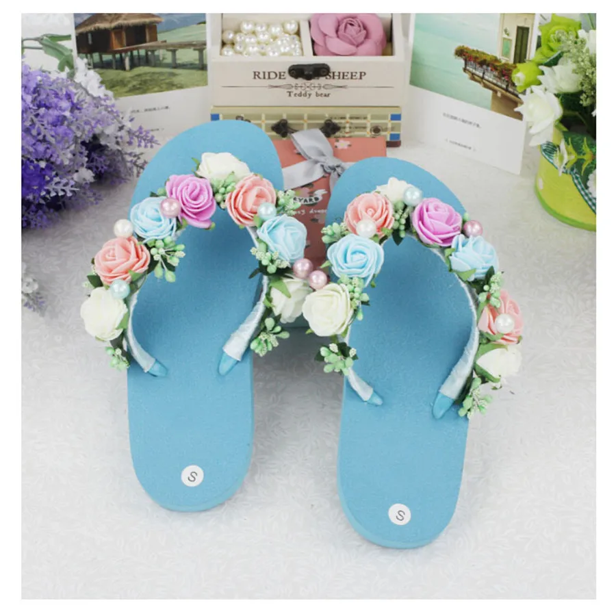 

New summer high quality sweet seaside vacation sandals fashion comfortable women handmade artificial flowers slippers Flip flops