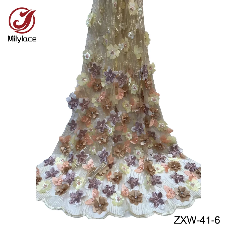 

Milylace high quality african lace fabric with beads embroidery 3d flower lace lovely french lace fabric for wedding ZXW-41