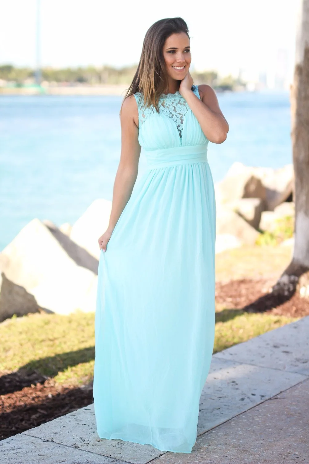 Мятный шифон Кружева платье подружки невесты в крестьянском стиле Длинные без