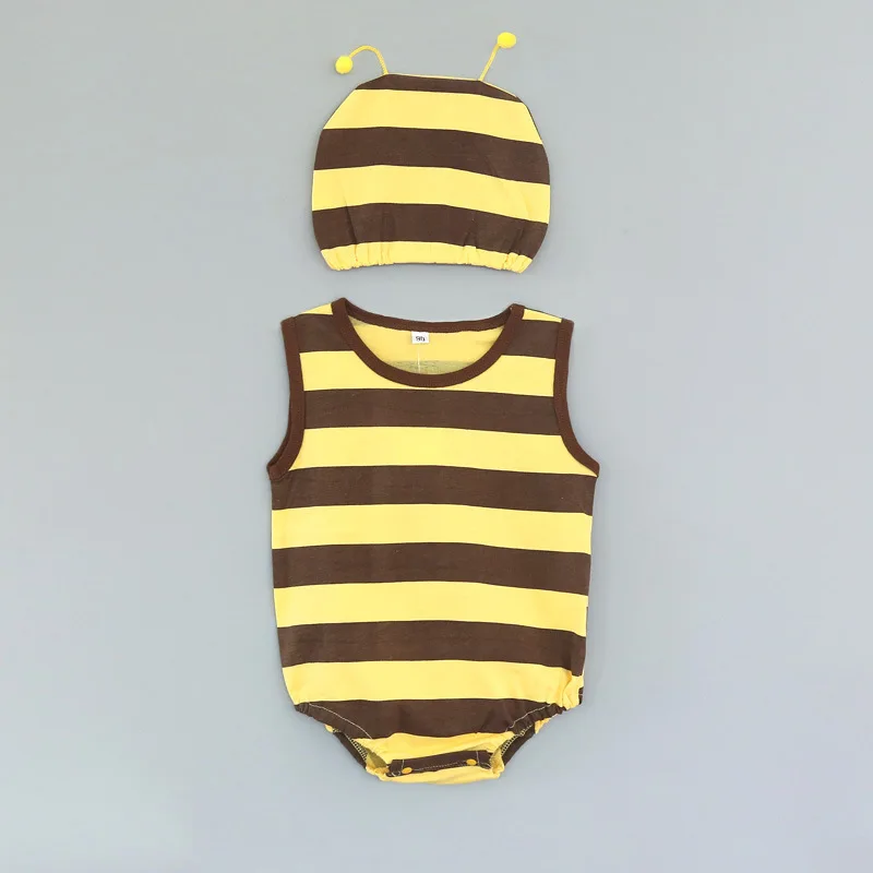 Honeybee 2 Новая летняя одежда для маленьких девочек с рисунком из мультфильма для маленьких мальчиков; комбинезон+ головной убор унисекс детские комбинезоны с рисунками животных Костюмы 2 шт./компл - Цвет: Honeybee 2