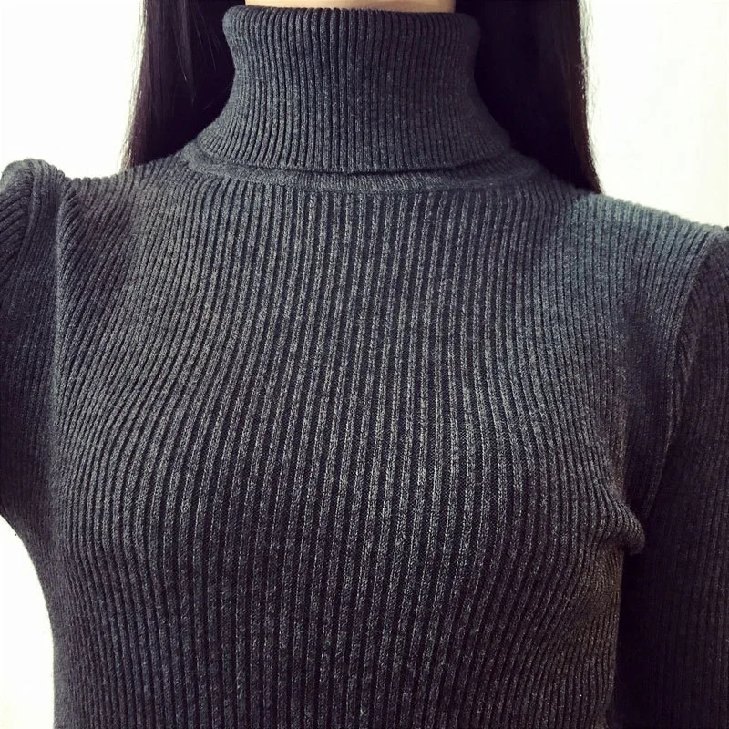 Fashion Solid Knit Women Sweater Autumn Winter Black / Pink Purple Turtleneck Casual Girl Pullovers | Женская одежда