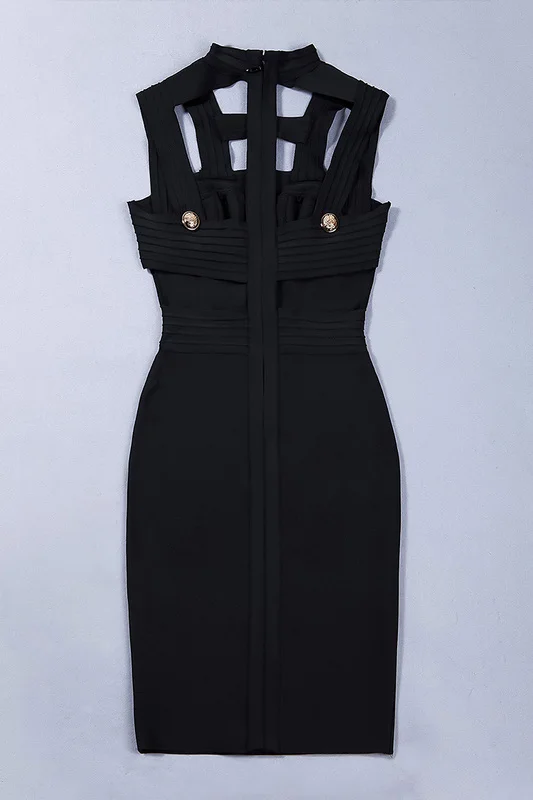Женское платье с вырезами черное Бандажное Дизайнерские пуговицы элегантное