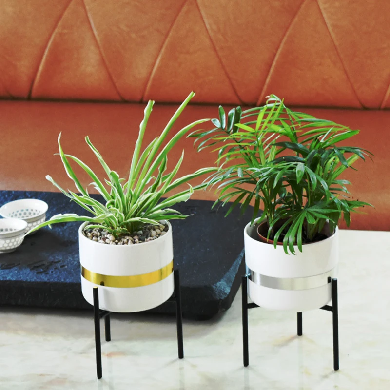 Europe Small Plants Ceramic Flower Pot White Succulent Planter Garden Bonsai Pots with Geometric Iron Rack Holder Flowerpot Set | Дом и сад