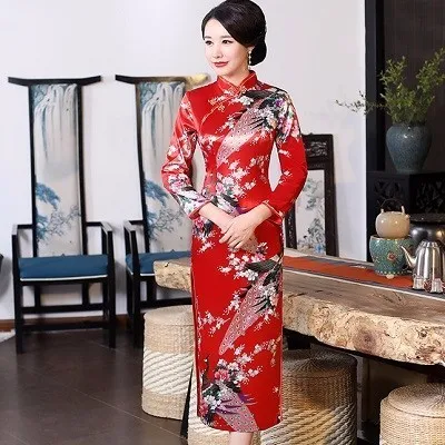 Red-A SHENG COCO китайское традиционное платье Cheongsam Qipao с длинным рукавом женское темно-синее длинное вечернее Ципао Drees размера плюс 6XL - Цвет: Red-A