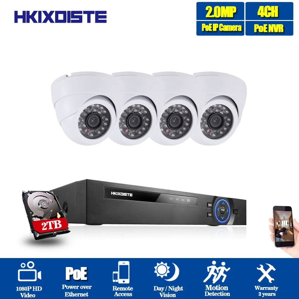 HKIXDISTE 4CH 1080P POE NVR система видеонаблюдения стандартная 48В 100 м расстояние Vandalproof