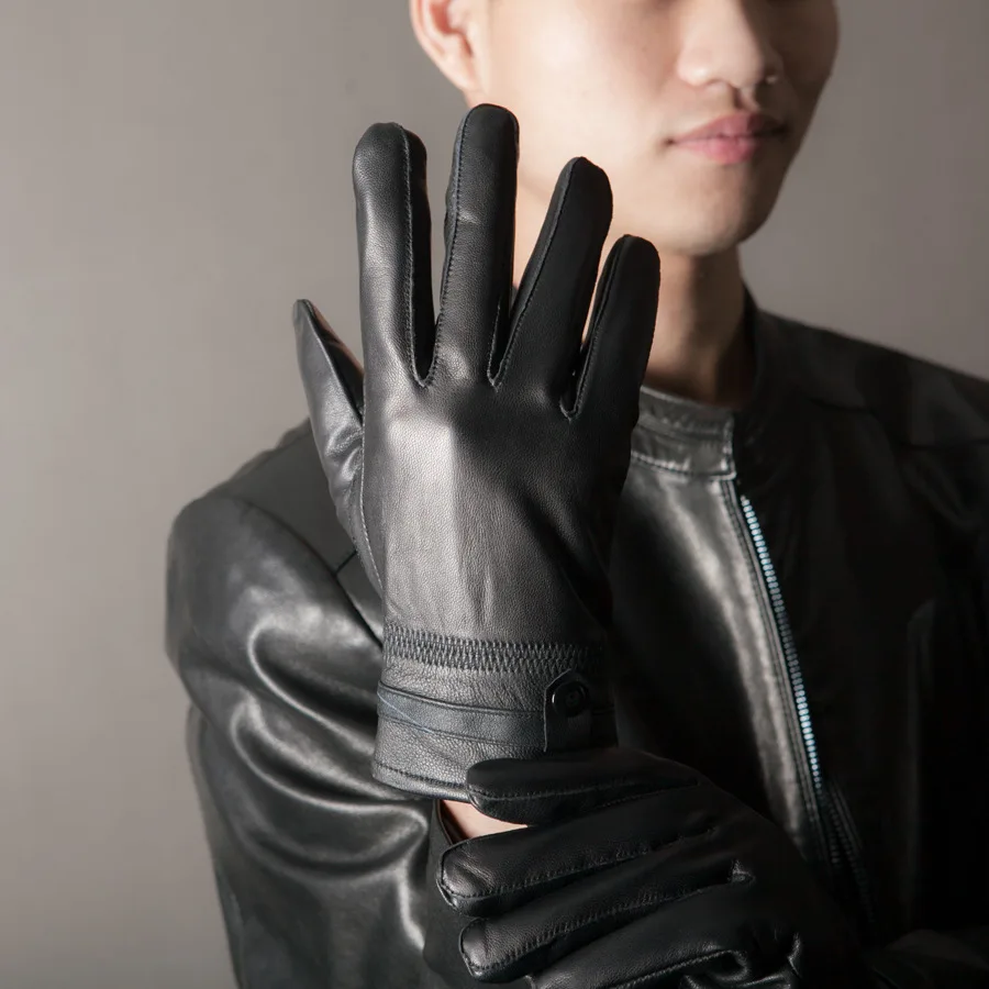 

Genuine Leather Gloves Men's Sheepskin Warm Thicken Plus Velvet Mittens Winter Cycling Korean Fashion Male Black Hand Muff H3264
