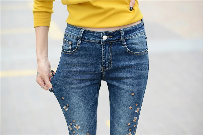 2017 летние новые модные брендовые хлопковые джинсы-карандаш с цветочным узором и