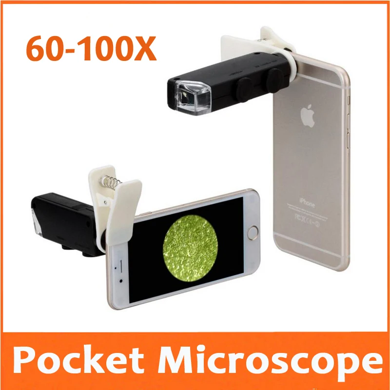 

60x-100x Zoom Focus LED Illuminated Cellphone Microscope Magnifier Jewelry Appraisal Loupe with Lamp for Mobile Phone Clip