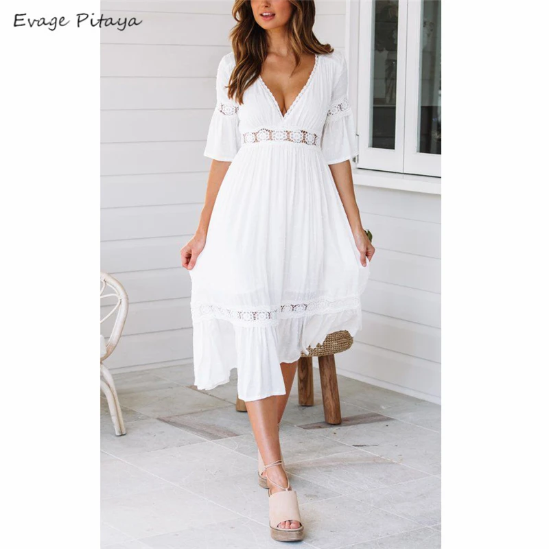 Лето 2019 для женщин белое платье макси Сарафан кружевной вязаный длинный пляжный